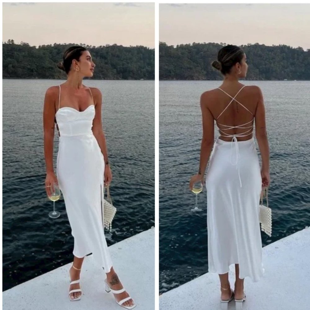 Zara White Satin Effect Sweetheart Neckline Midi Maxi Dress $89.90